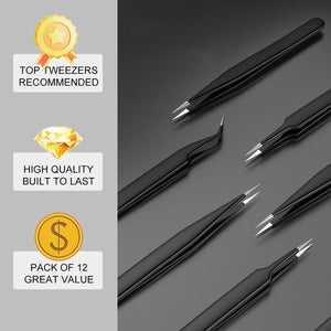 12-Piece Precision Tweezer Set with Storage Case