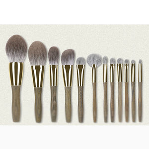 12-Piece Green Sandalwood Makeup Brush Set for Face & Eyes
