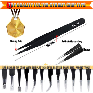 12-Piece Precision Tweezer Set with Storage Case