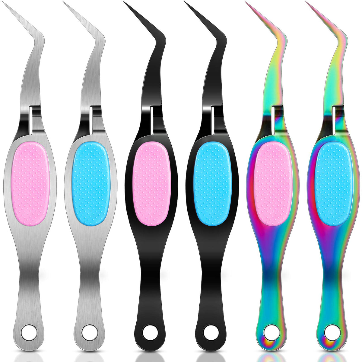 6-Piece Curved Tip Stainless Steel Reverse Tweezer Set