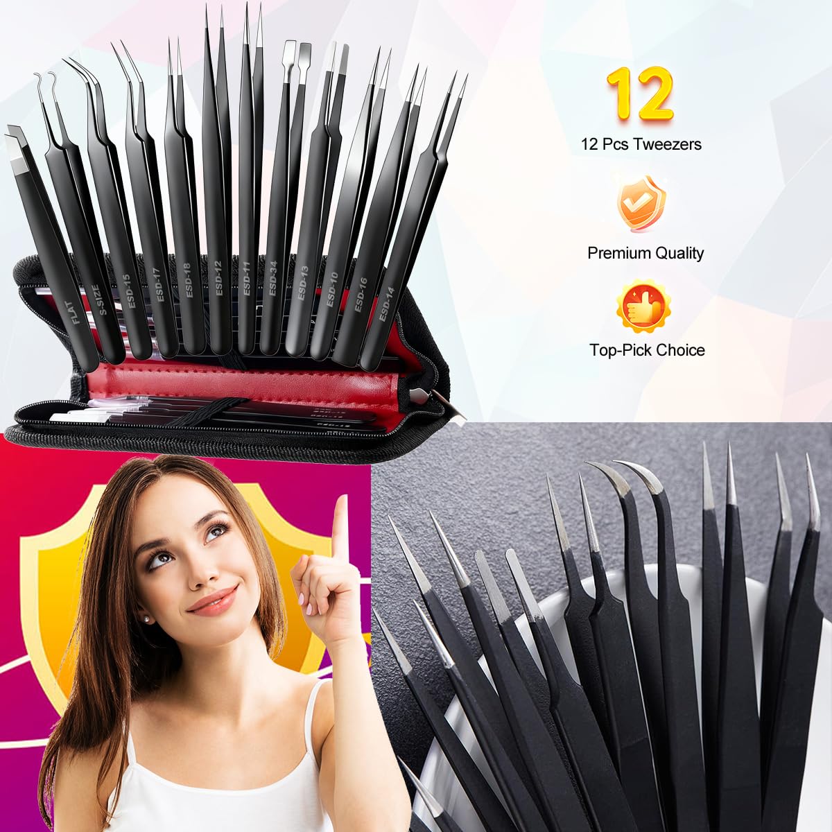 12-Piece Precision Tweezer Set with Storage Case