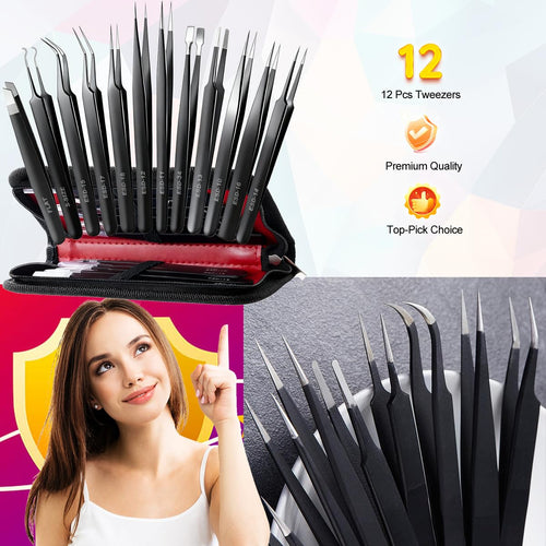 12-Piece Precision Tweezer Set with Storage Case