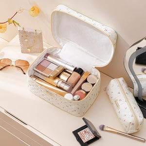 3-Piece Quilted Cotton Travel Makeup Organizer Bag Set