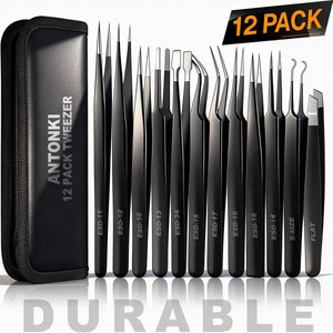 12-Piece Precision Tweezer Set with Storage Case