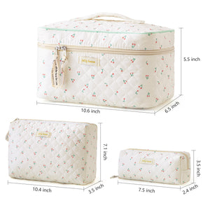 3-Piece Quilted Cotton Travel Makeup Organizer Bag Set