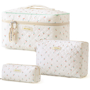 3-Piece Quilted Cotton Travel Makeup Organizer Bag Set