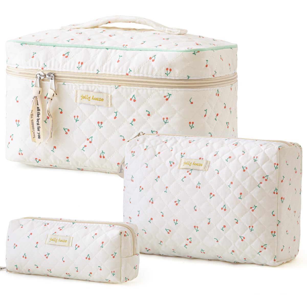 3-Piece Quilted Cotton Travel Makeup Organizer Bag Set
