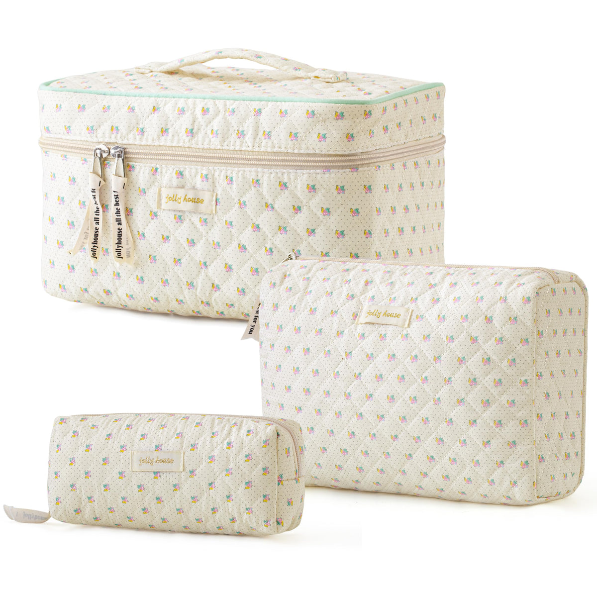 3-Piece Quilted Cotton Travel Makeup Organizer Bag Set