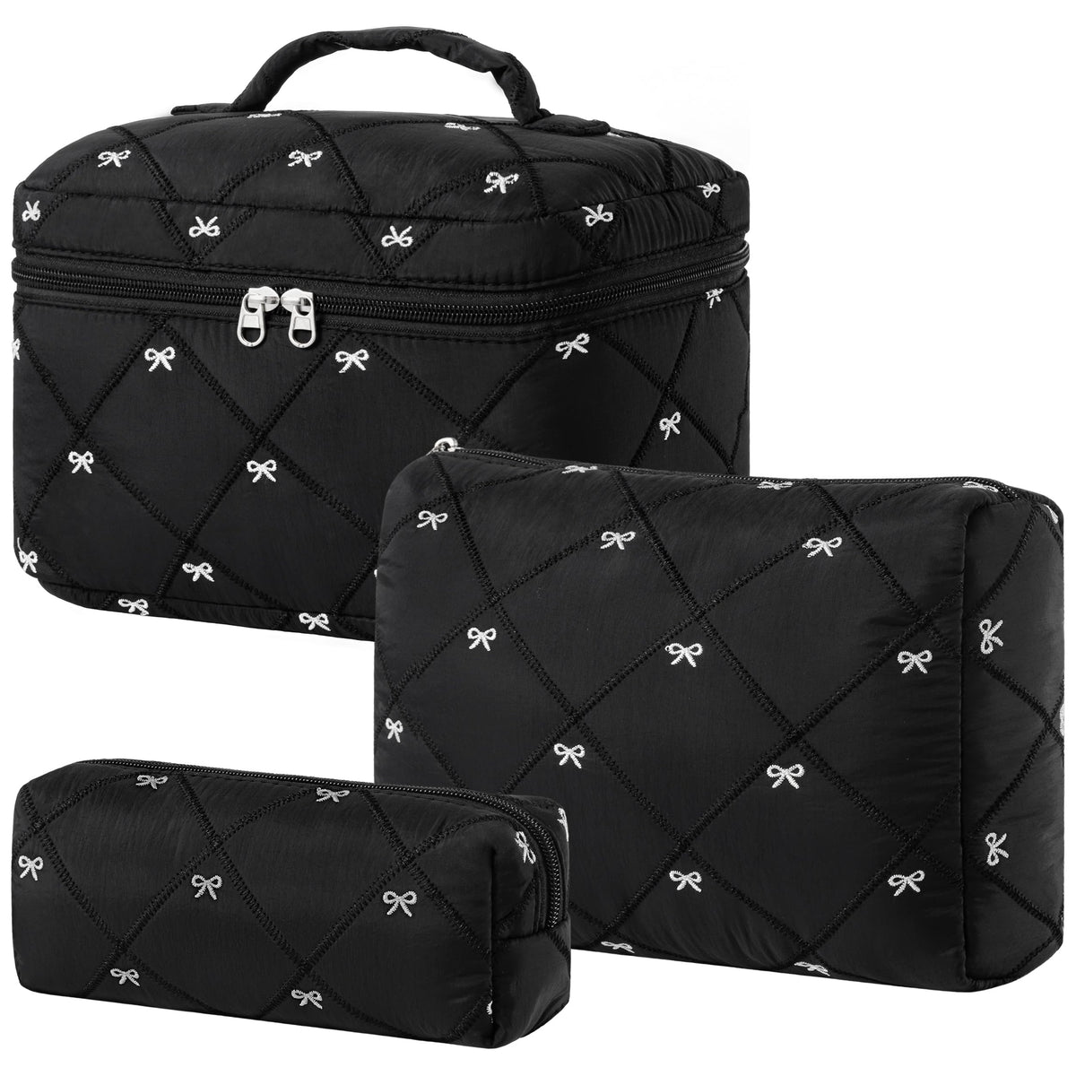 3-Piece Quilted Cotton Travel Makeup Organizer Bag Set