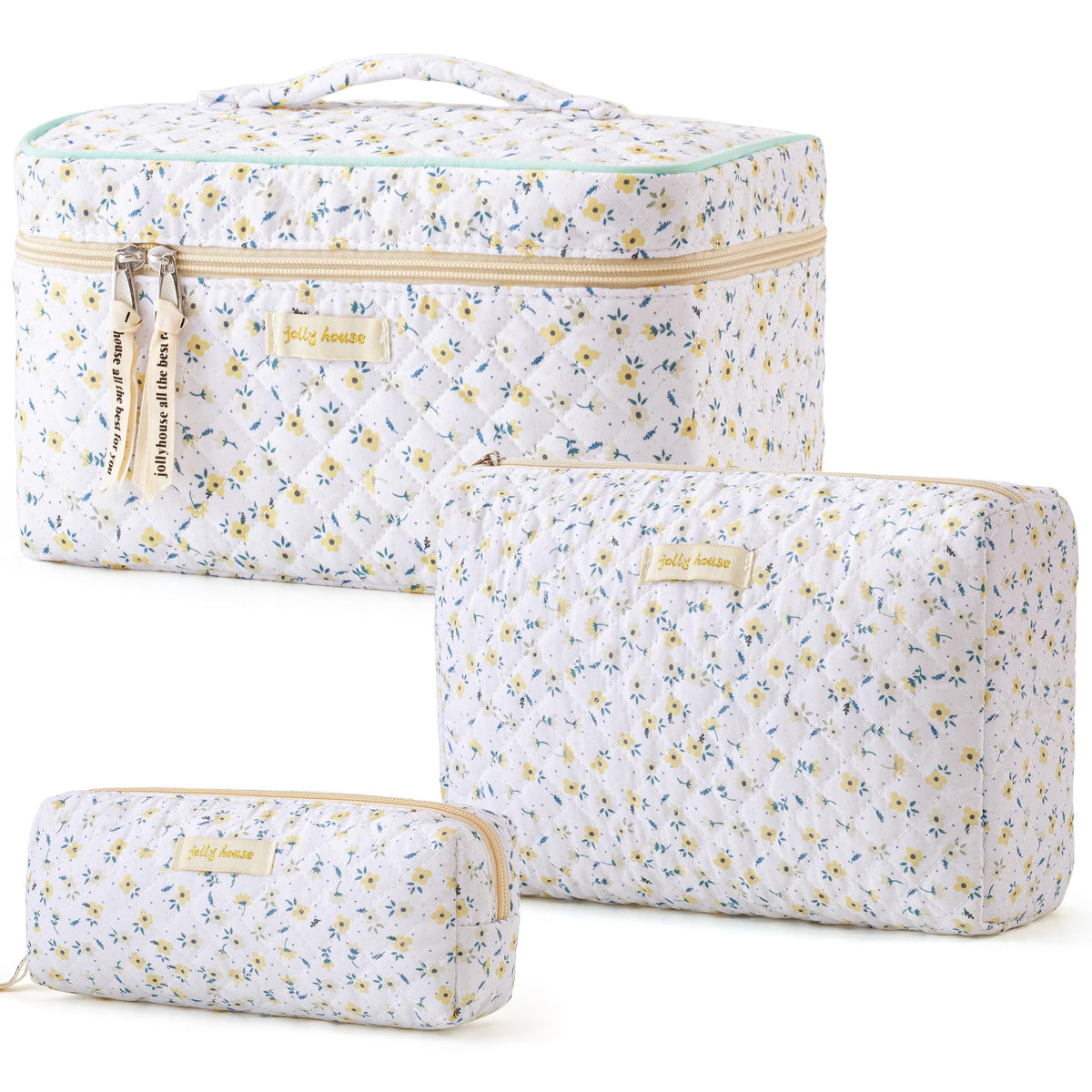 3-Piece Quilted Cotton Travel Makeup Organizer Bag Set