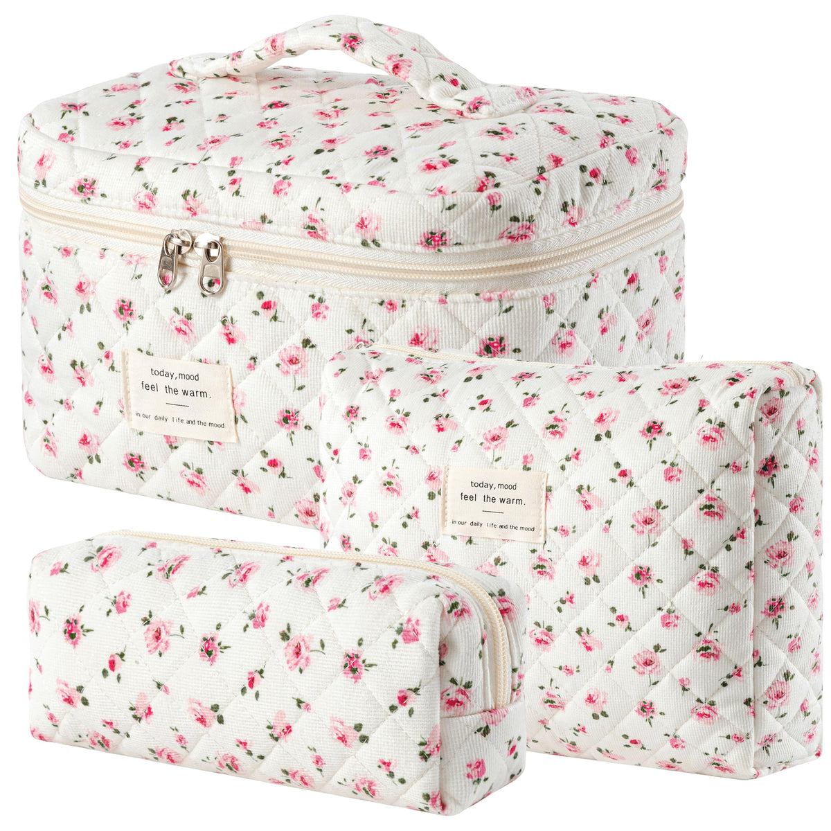 3-Piece Quilted Cotton Travel Makeup Organizer Bag Set
