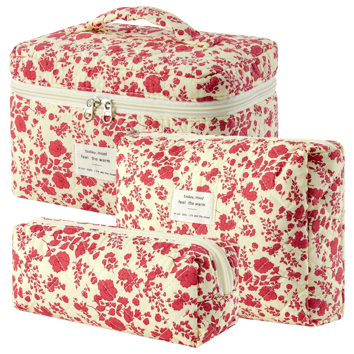 3-Piece Quilted Cotton Travel Makeup Organizer Bag Set