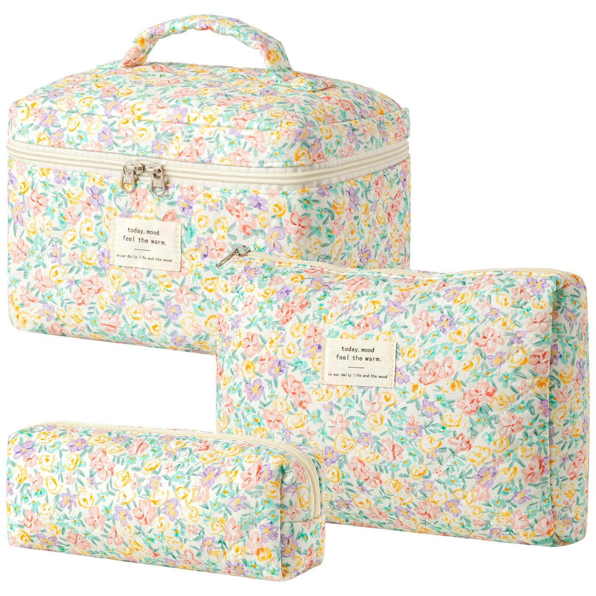 3-Piece Quilted Cotton Travel Makeup Organizer Bag Set