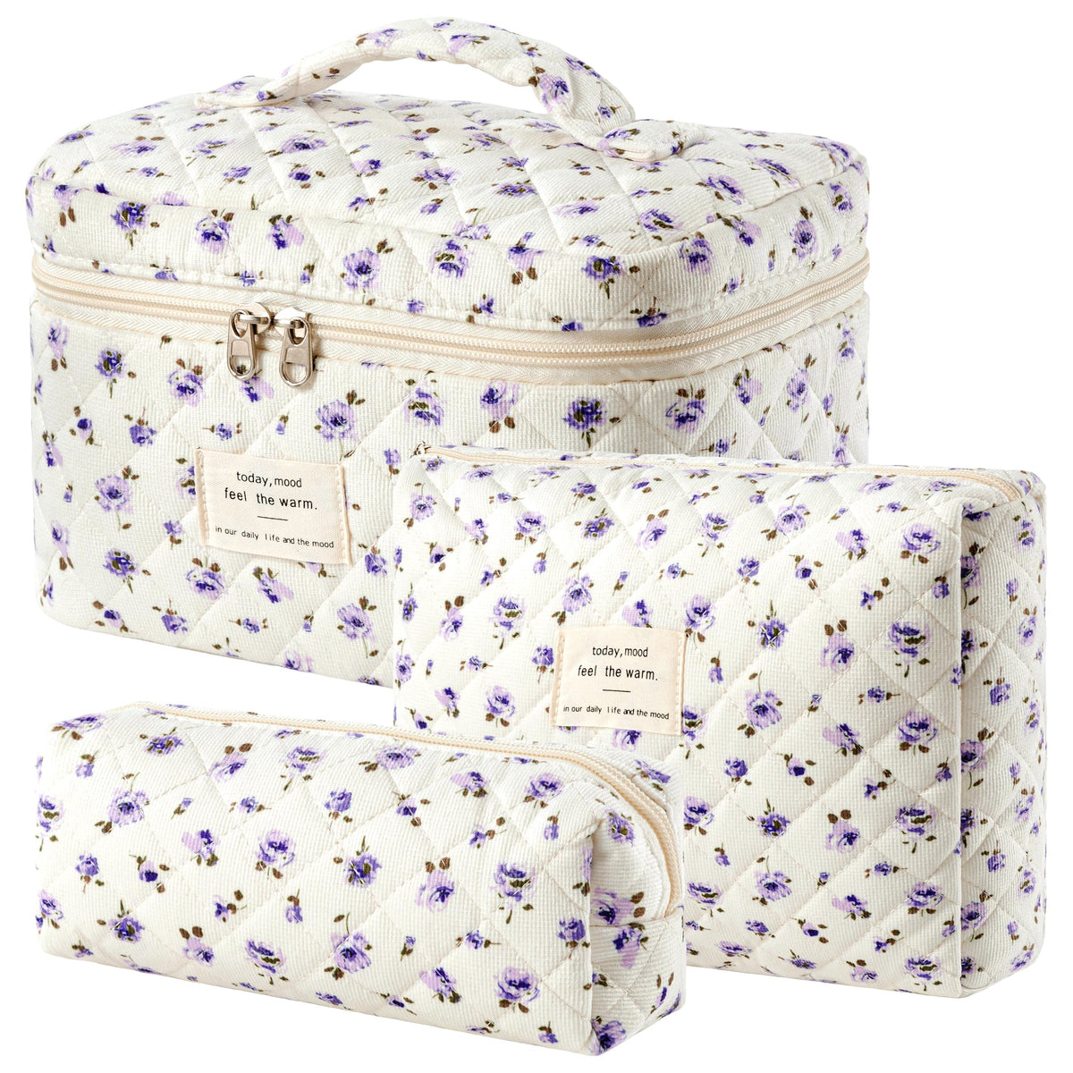 3-Piece Quilted Cotton Travel Makeup Organizer Bag Set