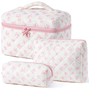3-Piece Quilted Cotton Travel Makeup Organizer Bag Set