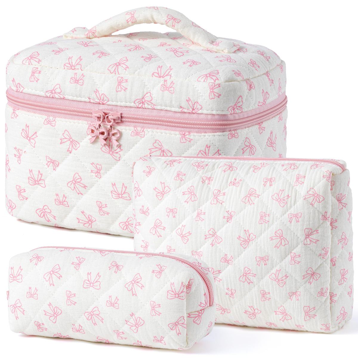 3-Piece Quilted Cotton Travel Makeup Organizer Bag Set