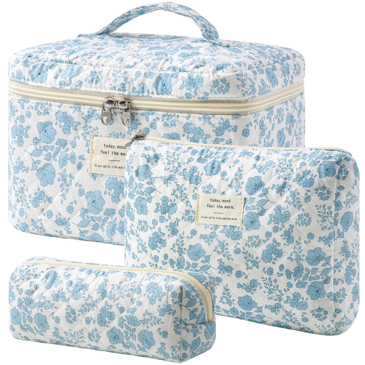 3-Piece Quilted Cotton Travel Makeup Organizer Bag Set