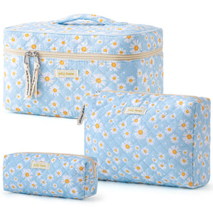 3-Piece Quilted Cotton Travel Makeup Organizer Bag Set
