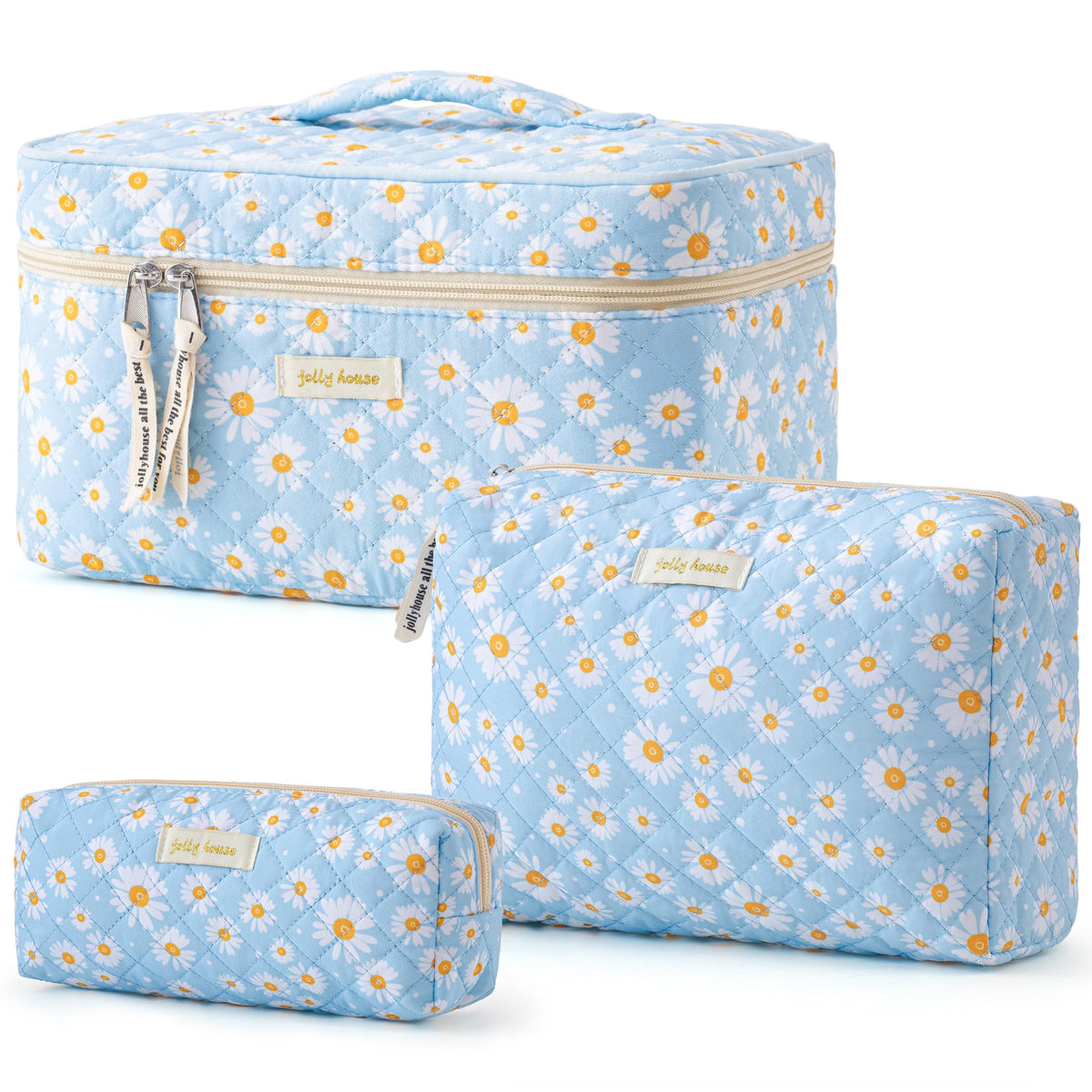 3-Piece Quilted Cotton Travel Makeup Organizer Bag Set