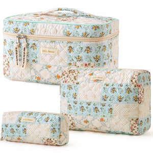 3-Piece Quilted Cotton Travel Makeup Organizer Bag Set