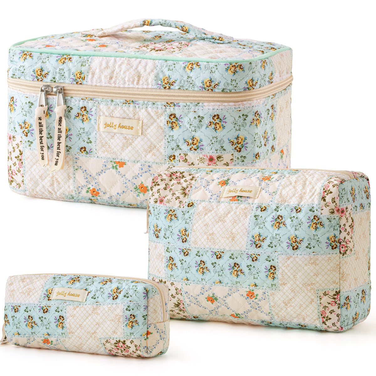 3-Piece Quilted Cotton Travel Makeup Organizer Bag Set