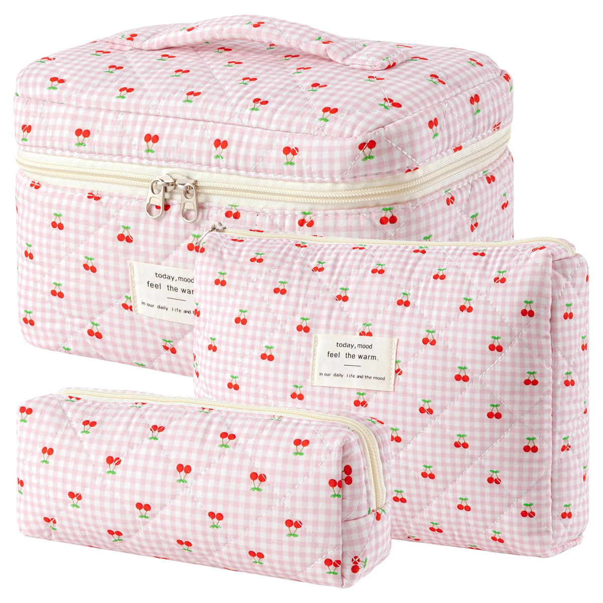 3-Piece Quilted Cotton Travel Makeup Organizer Bag Set